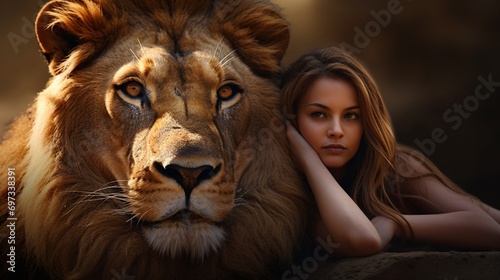 A close-up shot capturing the intense gaze of a lioness sitting confidently in front of a majestic lion. photo