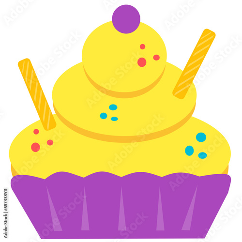 Cupcake with wafer rolls and sugar dragee. Baking with sugar drops. Bakery. Dessert