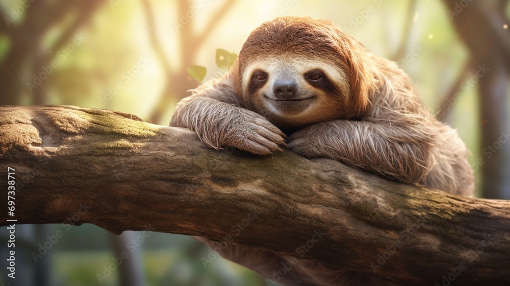 A content sloth lounging on a tree branch, enjoying a lazy afternoon. A content sloth lounging on a tree branch, enjoying a lazy afternoon.