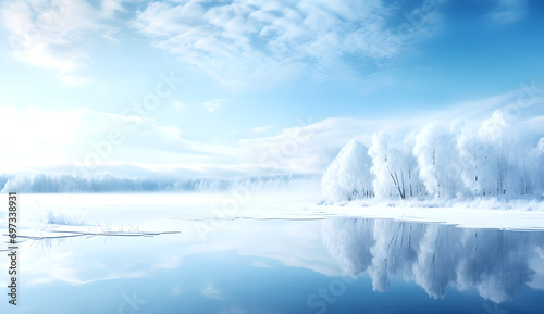 Frozen trees by a calm lake, reflecting the sky and clouds on a cold winter day © weerasak