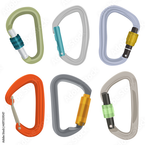 Collection of flat design carabiners. Rock climbing sports equipment. Adventure equipment