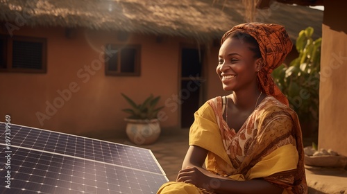 Woman sitting on a bench outside her house with solar panels. Africa. Renewable energy