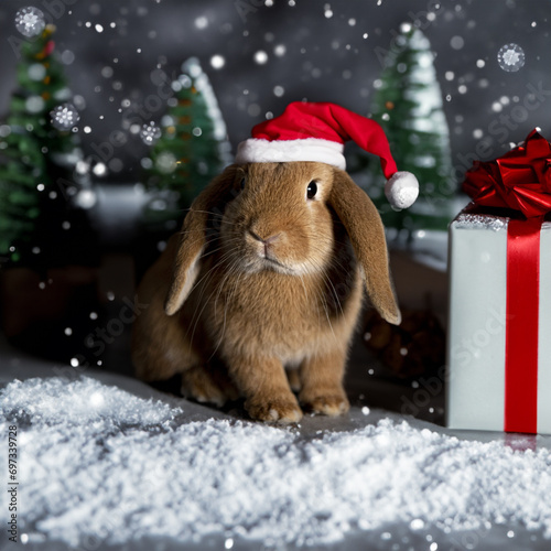 Fawn dwarf ram rabbit on a Christmas scenario