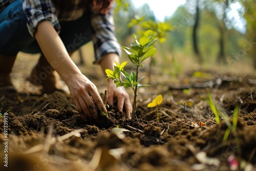 A woman plants a sapling in the ground. There is no face in the photo  only hands  a close-up view. Free space. The concept of caring for nature  landscaping
