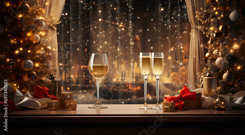 Festive window scene, champagne flutes, illuminated Christmas trees, wrapped presents, glittering city backdrop, candles, golden ambiance