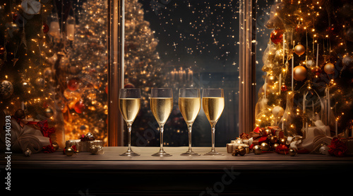 Elegant festive setting with champagne glasses, golden ornaments, and a decorated Christmas tree beside a grand window at night