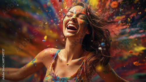 Young woman is funning with colorful world