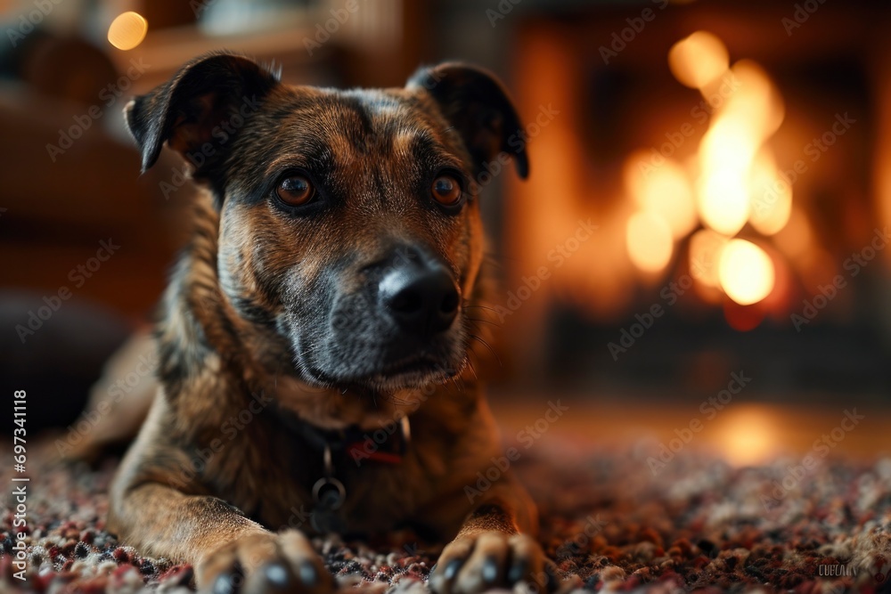 A contented dog peacefully lies on the soft carpet near a warmly crackling fireplace in the cozy living room, creating a tranquil and homey atmosphere. A contented dog peacefully lies on the soft carpet near a warmly crackling fireplace in the cozy living room, creating a tranquil and homey atmosphere.
