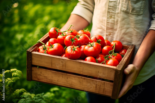 The farmer is holding a wooden box with tomatoes. Fresh farm products © zamuruev