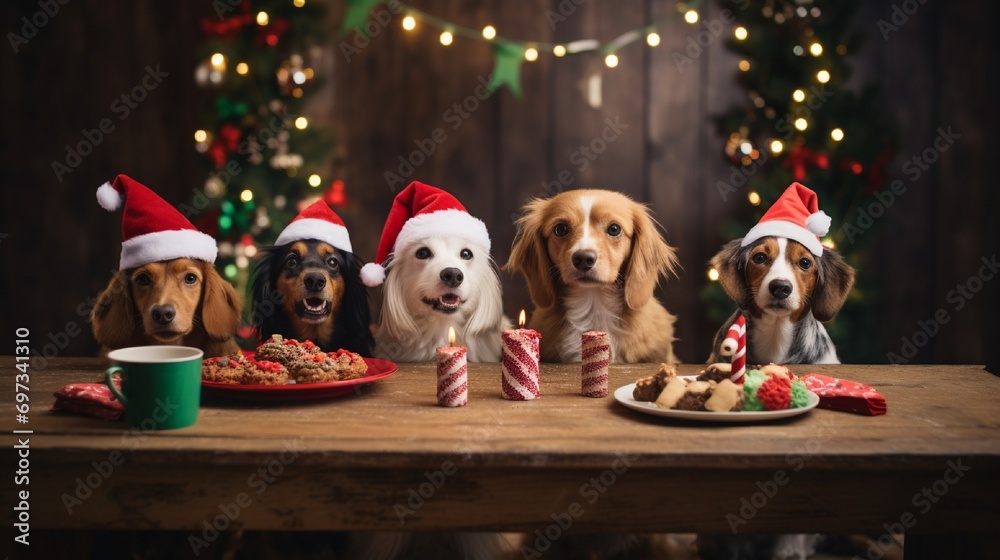 A festive dog party with pups wearing elf hats and enjoying Christmas treats.