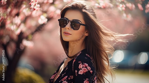 A close-up shot of a fashionable girl dressed in sunglasses and a stylish shirt enjoying the southern sun while on vacation in the park. an amazing young woman with dark straight hair