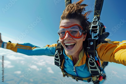 Young woman has fun skydiving in the sky photo
