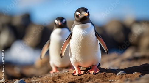 A close-up shot of adorable gentoo penguins standing on rough sand. photo