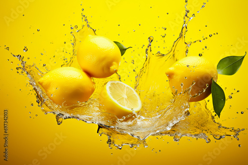 Fresh Lemons falling with water splash on isolated yellow background