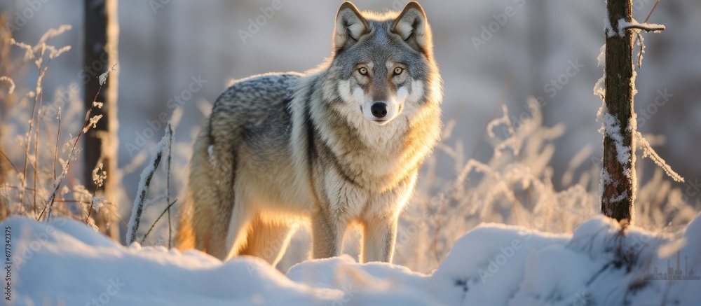 Naklejka premium Finland's gray wolf, Canis lupus, in its natural habitat, observing potential prey during early winter on a meadow near the forest.