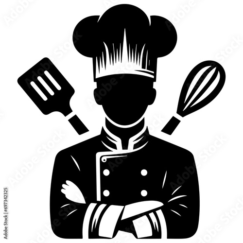 minimal chef uniform and face vector silhouette, silhouette, black color, white background