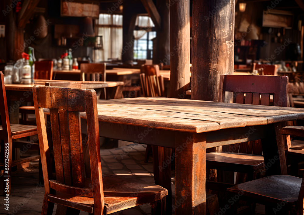 cozy rustic restaurant with wooden tables and chairs. Sunlight streams in, creating a warm, inviting space for dining