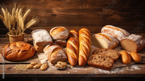 Assortment of baked bread on wooden background. Bakery concept.