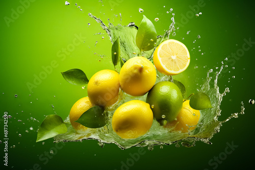 Fresh Lemons and limes falling with water splash on isolated green background