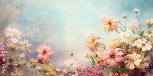 AI Generated. AI Generative. Vintage retro soft painting drawing watercolor oil floral flowers decorative bloom field wild flowers template. Graphic Art