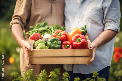 The couple, who enjoy home gardening, display freshly harvested organic vegetables and leafy greens in classic wooden boxes. Concept about health and food.