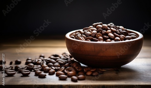 Roasted coffee in a wooden bowl photographed on a wooden table. generative AI