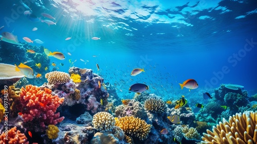 A stunning picture of corals and fish swimming in the clear blue sea