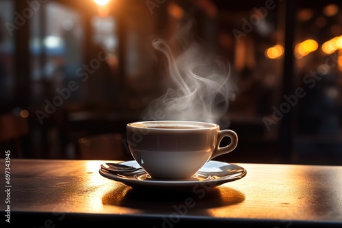 Hot coffee in the photo on a black background with a puff of smoke effect on it. generative AI