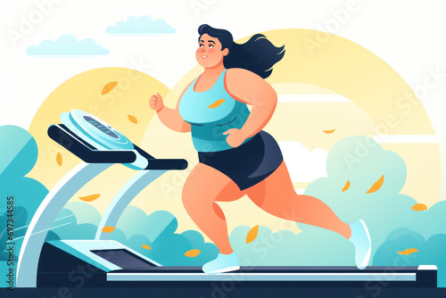 Overweight woman running on treadmill. Empowering fitness