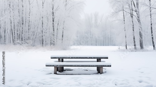 Park's picnic table cloaked in winter's snowy embrace. 