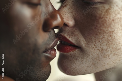 The power of a kiss, sexy beautiful red lips woman kissing seductive beard man, erotic, glamour, sensual closeup couple kiss