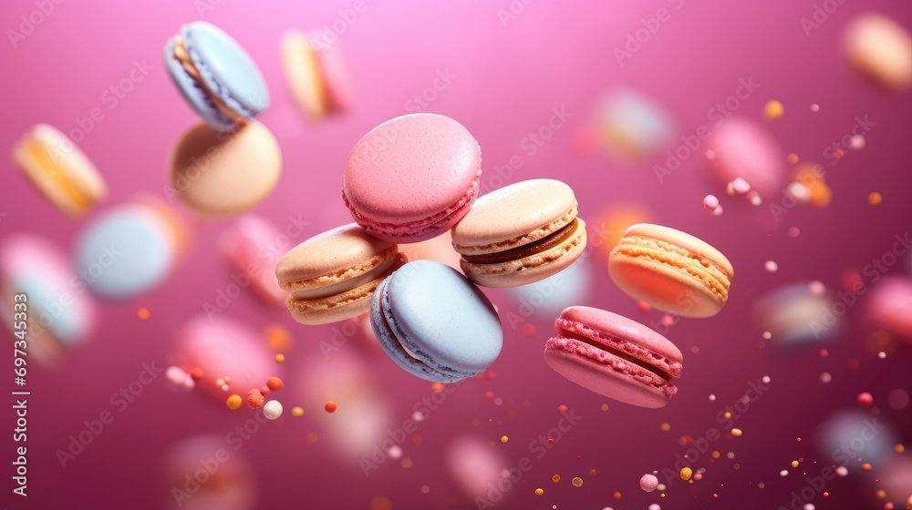 Obraz premium Colorful macaroons falling on a pink background
