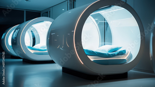 Futuristic capsule hotel with a sci-fi aesthetic, featuring individual oval blue sleeping pods with a minimalist design. Row of high-tech white glowing sleeping capsules offering privacy and comfort