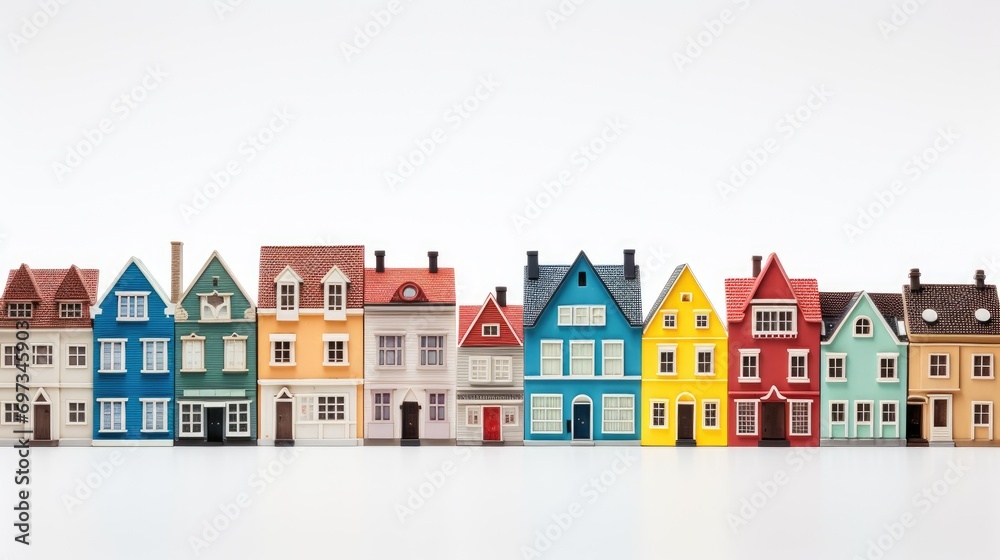Colorful miniature houses in perfect rows create a whimsical urban cityscape.