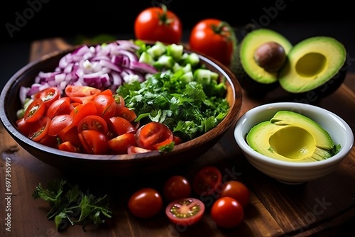 Fresh salad ingredients with avocado, tomatoes, and onions on a dark background. Perfect for healthy eating and nutrition themes.