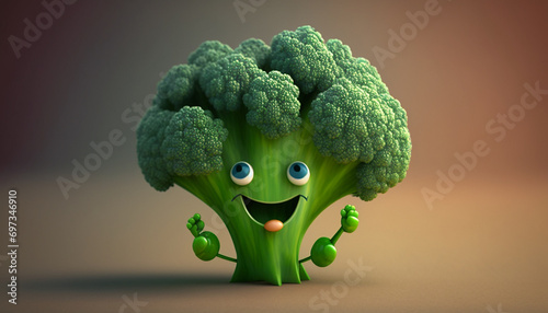 Cute broccoli 3D cartoon character. Generative AI.