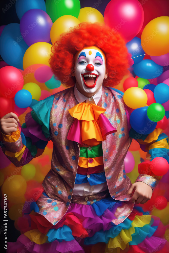Fototapeta premium Intriguingly amusing clown man adorned in vibrant attire. An amusement source for both youngsters and grown-ups, this circus entertainer brings joy and laughter