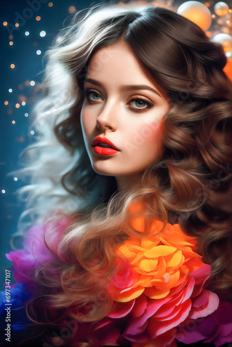 Portrait of a beautiful woman with long hair in roses.Creative designer fashion glamour art drawing.