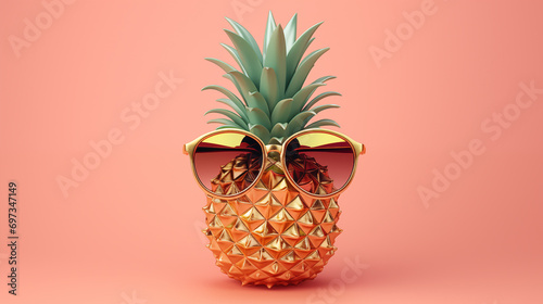 A beautiful pineapple stands against a peach-colored background in gold sunglasses