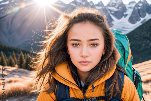 Girl in climbing equipment on the top of a mountain. Active, healthy lifestyle