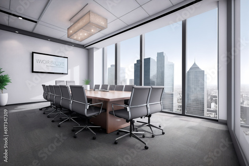 Conference room with a view of the city outside the window and table with chairs in the middle of the room.Creative designer interior.