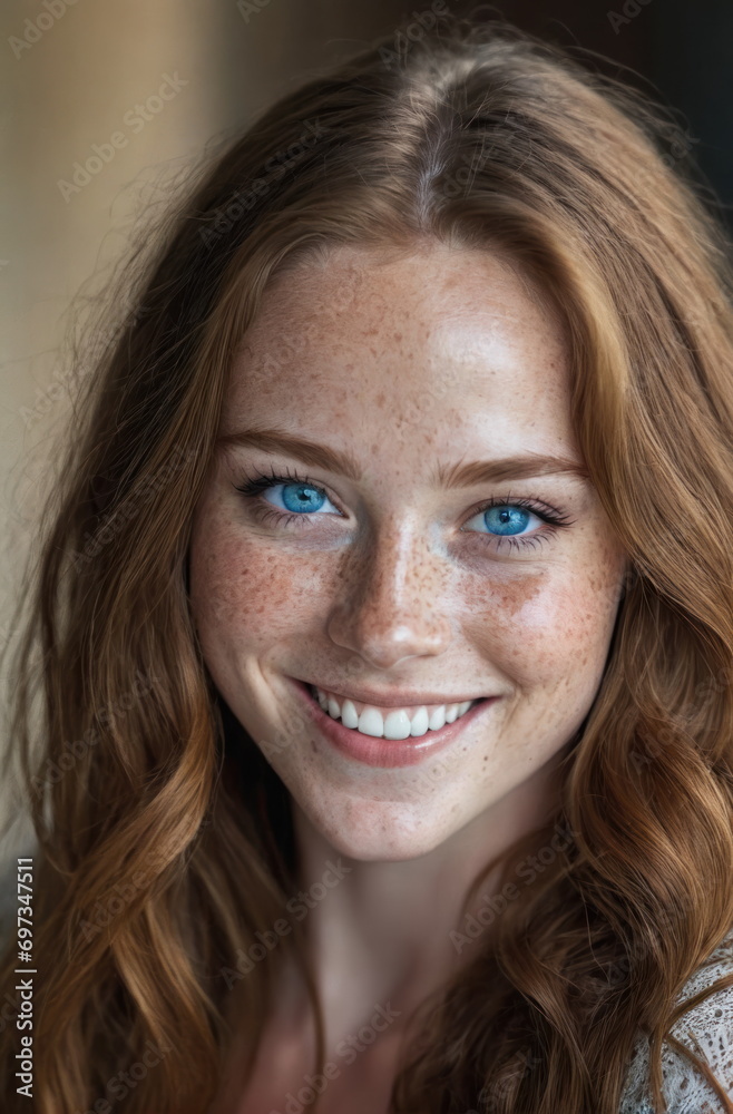 Portrait of a beautiful red-haired woman.Freckles, blue eyes.Close-up.Authentic appearance.Fashion glamour art. Portrait of a beautiful red-haired woman.Freckles, blue eyes.Close-up.Authentic appearance.Fashion glamour art.