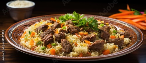 Traditional Uzbek pilaf, prepared in Tashkent, Uzbekistan, consists of rice, meat, carrots, and onions.