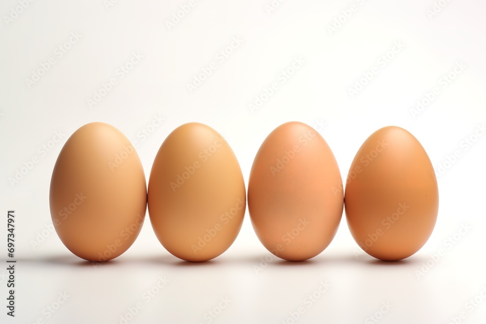 row of fresh and healthy eggs on white background. generative AI row of fresh and healthy eggs on white background. generative AI