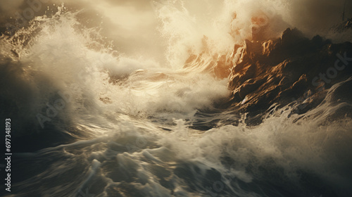 A scene of a stormy sea, with waves and foam depicted using various textures of sawdust.