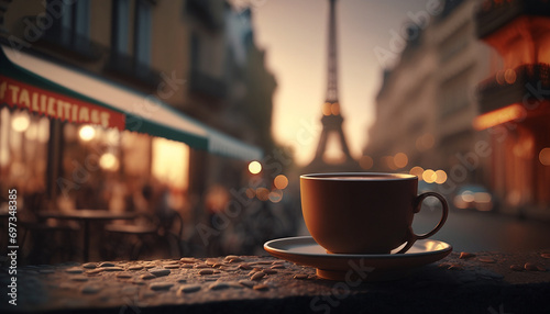 Cup coffee in the background Paris Eiffel Tower. Generative AI,