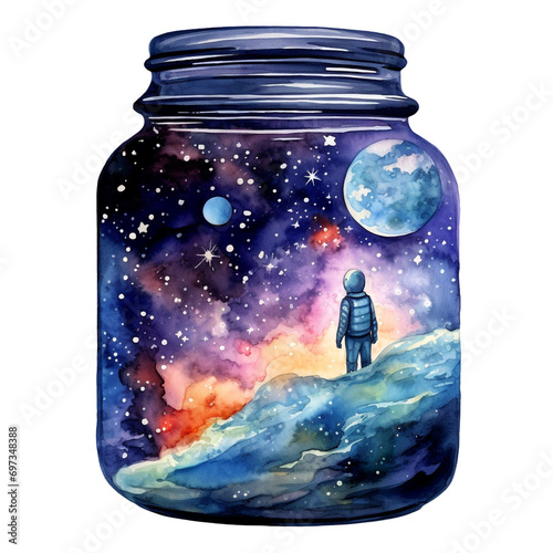 Watercolor Celestial Mason Jars, Universe, Galaxy, Stars, isolates on transparent background, PNG, illustration photo