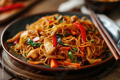 Wok Perfection: Stir-Fried Noodles in Chow Mein with Vegetables and Chicken - A Culinary Masterpiece, Bursting with Authentic Asian Flavors and the Crunchy Texture of Fresh Ingredients.

 photo