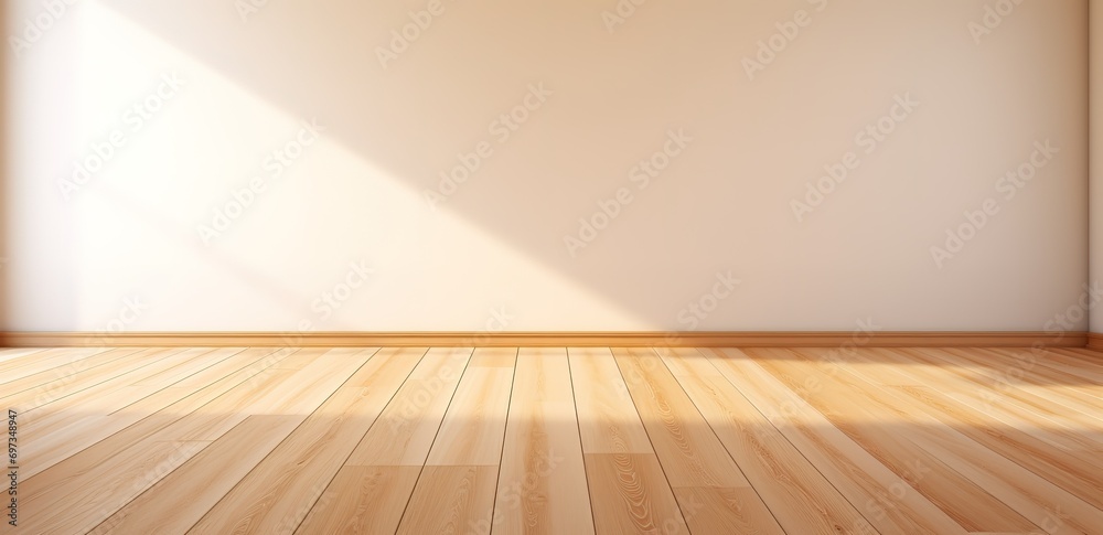 An empty room with a wooden floor with a spotlight effect from outside. generative AI An empty room with a wooden floor with a spotlight effect from outside. generative AI