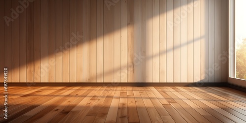 An empty room with a wooden floor with a spotlight effect from outside. generative AI